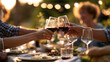 © Laura - Adults toasting with wine glasses around a beautifully served outdoor table during a family dinner gathering, celebration and togetherness concept, summer evening dining,