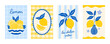 © oksanagrytsyuk - Mediterranean lemon posters set. Amalfi coast food art. Yellow lemons print collection. Italian style summer background. Blue and yellow retro design
