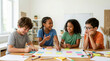 © Xenia - Diverse group of kids brainstorming ideas with sticky notes. Children collaborating on a creative project at a table
