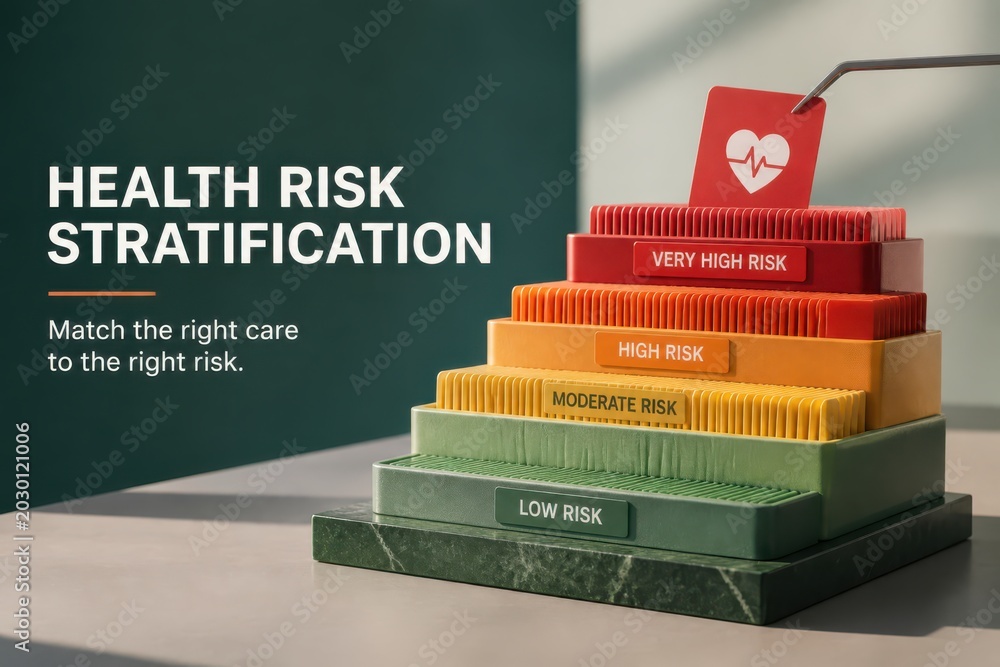 Health risk stratification concept with layered risk steps and heart ...