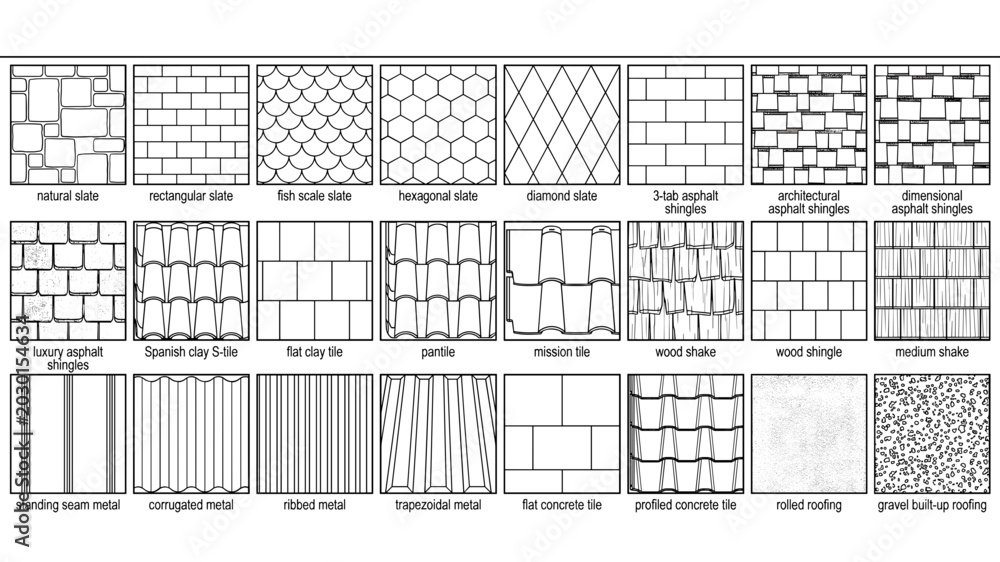 Labeled AutoCAD Roofing Hatch Pattern Reference Guide for Architectural ...