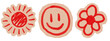 © Marharyta - Hand-drawn red ink smiley face, sun and flower sticker set on craft paper cutouts. Cute sun doodle collection for aesthetic zine and scrapbook. Isolated PNG on transparent background (PNG format).