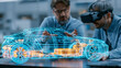 © Olga Ко - Automotive engineers using unbranded virtual reality headset to design glowing holographic electric car prototype in modern R&D laboratory.