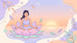 © WM Project - Serene woman meditating on a lotus flower, celebrating International Yoga Day with a peaceful sunrise backdrop, promoting wellness and mindfulness