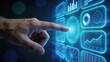 © Benjamin - Finger touching futuristic blue holographic interface screen displaying various data analytics charts graphs bars circles trends statistics metrics dashboard for financial market