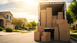 © VectorGenius - Moving Truck Unloads Cardboard Boxes on Suburban Street in Front of House