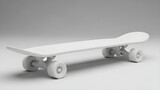 A white skateboard with wheels on a gray surface