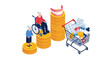 © Fahad - Elderly man and woman standing on stacks of coins with a shopping cart full of medicines and dentures illustrating high medical costs.