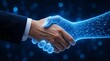 © Rhony - A handshake between a human hand and a glowing digital interface hand, symbolizing the connection between people and technology.
