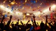 © Dmitry - Soccer fans celebrating at stadium with falling confetti. Crowds cheering during sports final match at night. Victory celebration, excitement, and energy in arena after goal score.