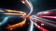 © P.G - Abstract light trails moving through a dark reflective space, creating a colorful and dynamic visual pattern representing speed and motion in modern technology.