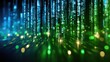© P.G - Abstract representation of digital data flow with binary code in vibrant green and blue colors against a dark background, symbolizing technology and innovation