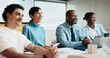 © peopleimages.com - Business people, happy and team in meeting at office with planning, review and project at insurance company. Group, broker and advisor with tech, proposal or smile with laugh and risk management