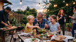 © InoStudiox - Famille heureuse partageant un repas convivial dans un jardin illuminé
