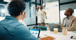 © peopleimages.com - Finance, presentation and tablet screen with business man in boardroom for review of statistics. App, whiteboard and workshop with employee people in financial workplace for upskill development