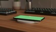 © Hugs - Wireless charging pad, smartphone with green screen, modern office desk setup, symbolizing technology and innovation for advertising and branding.