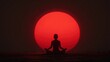 © Aisha - yoga pose silhouette of woman on open land with red sunset sun behind her, clean minimal horizon and dramatic lighting