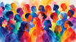 © liana - A vibrant abstract watercolor painting of a diverse group of people united featuring colorful layered human portraits, expressive profiles, and inclusive community spirit illustrated in a contemporary