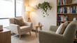 © Aurora Aesthetics - therapist office interior counseling room mental health consultation calm welcoming chairs books and soft light create a private professional setting for talk therapy support concept