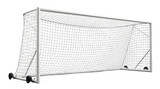 White soccer goal with net on wheels isolated on transparent background for sports and football