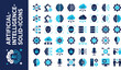 © Toqeer - Artificial intelligence icons in solid blue and dark navy colors illustrate various advanced computing concepts.