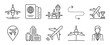 © AYAT002 - Global Travel Airplane Flight Icon Line Set, Aircraft Transport, Pilot, Airport Boarding, Travel Documents And Immigration Outline Vector Design.