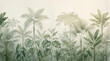 © PK - Vintage tropical wallpaper with palm trees and jungle leaves, muted green botanical mural, hand-drawn exotic forest landscape for interior design