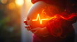 © realone952 - A pregnant woman in the evening hugs her round belly and shows her pulse on her stomach.