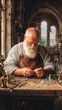 © rabbit75_fot - Europe medieval lifestyle. A detailed, realistic painting depicts an elderly man with a long white beard and a white shirt, seated at a wooden table in a workshop.