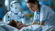 © chaisiri - Robot Nurse and Patient Care: A nurse gently attends to a patient in a hospital bed, with a sophisticated humanoid robot assisting in the background, symbolizing the future of healthcare.