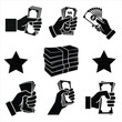 © Pritom - Black and white money icons set, hands holding cash banknotes and dollar bills, flat vector currency symbols for finance and banking