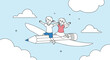 © Lily - Cheerful children flying through a blue sky on a giant pencil rocket with clouds and stars in the background.