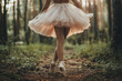 © Tetiana - Graceful ballerina standing in sunlight among forest trees lake water nature wearing elegant costume, generative ai