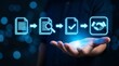 © PRANTO - Digital document workflow automation concept, glowing blue icons showing business process management, electronic contract signing and deal agreement