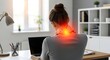 © Artfinity - Neck muscle strain and ergonomic office injury. Cervical spine pain and physical therapy needs. Woman sitting at a desk with laptop touching her neck with glowing red pain indicators