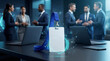 © Odesign - Lanyard badge mockup template in futuristic business environment. High-tech workspace featuring glowing digital interface, blue lighting and corporate branding style.