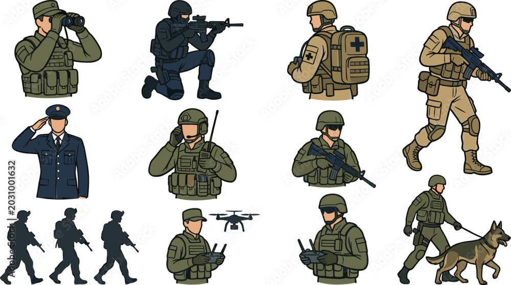 Collection of military soldier vector illustrations featuring armed ...