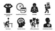 © Whole - Mental health stress icons vector set featuring anxiety, burnout, workload, and emotional strain for office pressure, deadline management, and overwhelmed person illustration vector design