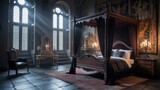 Majestic medieval bedroom with ornate canopy bed, antique furniture, and sunbeams streaming through gothic windows.