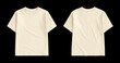 © DekGrativ - Front and back views of a blank kids cream-colored short-sleeve t-shirt mockup isolated on black