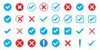 ©   - Right and wrong vector icon set rounded color black outline, flat rounded check mark, cross, x mark, circle shape thin line tick mark symbol. Approval and rejection signs isolated on white background
