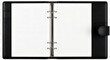 © MdRahat - Open black leather binder notebook with blank grid paper pages, 6-ring mechanism organizer on transparent background