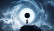 © Indah - A person gazes at a colossal black hole vortex amidst celestial swirls and ethereal clouds