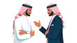 © Mariya - Two professional men in traditional Middle Eastern clothing engage in a business discussion while standing against a clean white background in a stylized vector illustration.
