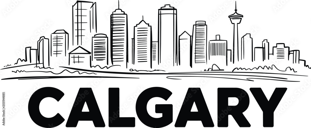 Calgary city skyline drawing with modern architecture buildings, an ...