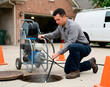© Xenia - Professional plumber flushing sewer drain with high pressure water jetter. Male worker cleaning underground pipe through open manhole on residential driveway. Plumbing maintenance service