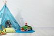 © New Africa - Wigwam, toys and pillows near white wall in child's room, closeup. Space for text