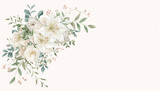 淡い背景に白いユリとバラの花束を描いた結婚式向けイラスト