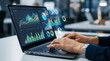 © penguin - Professional hands typing on a laptop, engaging with dynamic data visualizations and holographic charts for advanced business analysis and financial insights