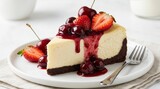 An appetizing slice of cheesecake with a dark chocolate crust, topped with fresh cherries, strawberries, and dripping syrup, served on a white plate with a fork.